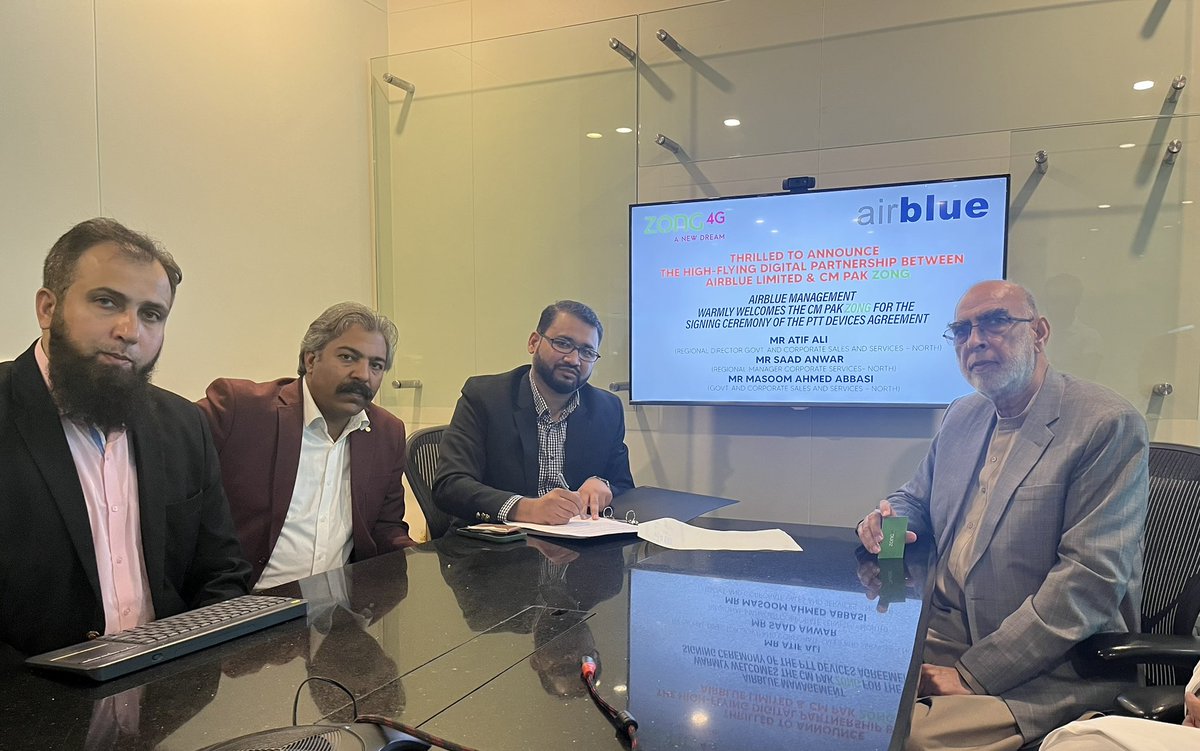 airblueairline's tweet photo. Airblue and Zong Team Join Forces for PTT Devices Agreement Signing Ceremony #PartnershipInAction #airblue #zong #pttdevice https://t.co/YaaXjXuYuK