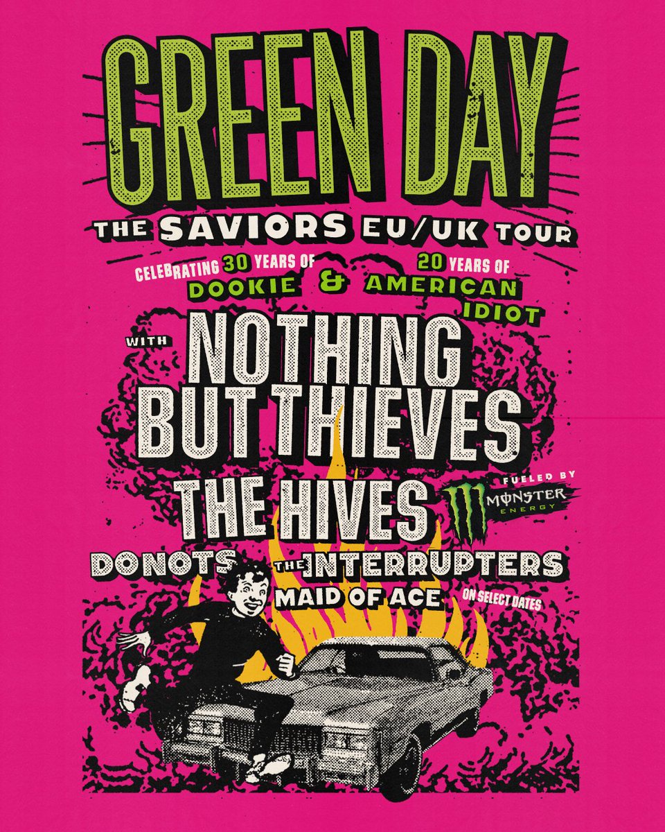 GreenDay's tweet image. It’s the moment you’ve been waiting for… taking The Saviors Tour on the road all summer long next year to celebrate 30 years of 'Dookie,' 20 years of 'American Idiot' + our new album 'Saviors'!!! greenday.com/tour fueled by @monsterenergy @monstermusic.