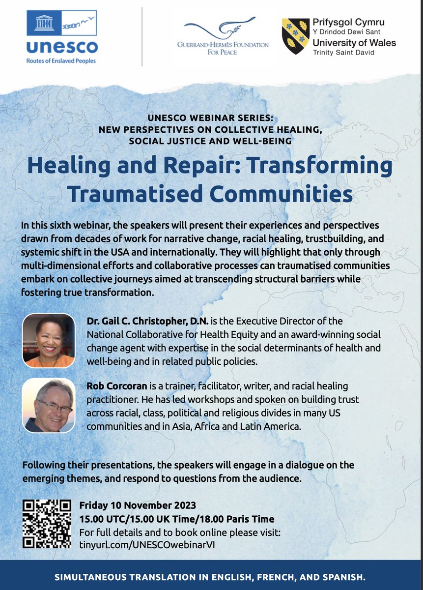 Global Humanity for Peace Institute (@ghfpinstitute) on Twitter photo Join us on Friday, 10th of November, 15:00 GMT, for the 6th part of the UNESCO Webinar Series on Healing and Repair: Transforming Traumatised Communities.
Register here: tinyurl.com/UNESCOwebinarVI
<a href="/UWTSD/">University of Wales Trinity Saint David</a>
<a href="/UNESCO/">UNESCO 🏛️ #Education #Sciences #Culture 🇺🇳</a>
<a href="/scherto/">Prof Scherto Gill</a> Join us on Friday, 10th of November, 15:00 GMT, for the 6th part of the UNESCO Webinar Series on Healing and Repair: Transforming Traumatised Communities.
Register here: tinyurl.com/UNESCOwebinarVI
<a href="/UWTSD/">University of Wales Trinity Saint David</a>
<a href="/UNESCO/">UNESCO 🏛️ #Education #Sciences #Culture 🇺🇳</a>
<a href="/scherto/">Prof Scherto Gill</a>