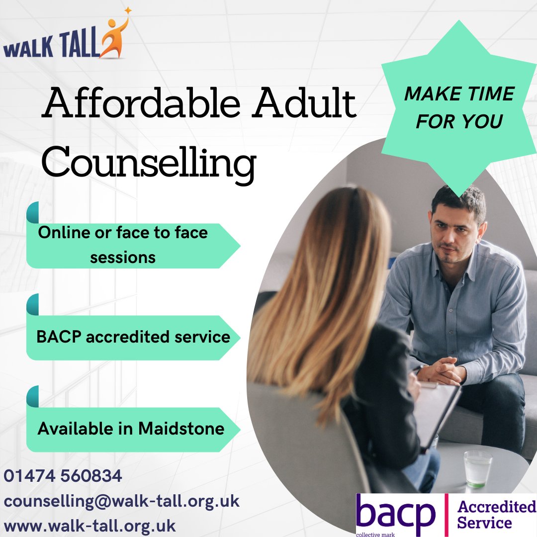Offering affordable adult counselling service in Maidstone. Call or email for more information! 
#counselling #online #facetoface #affordable #mentalhealth #mentalhealthmatters #mentalhealthmatterstoo #talkitout #accredited #maidstone #dartford #gravesend #gravesham #walktall