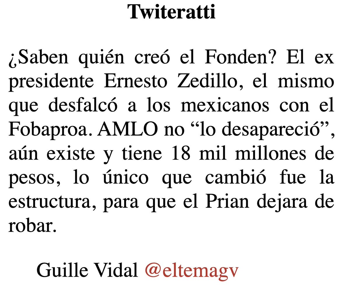 galvanochoa's tweet photo. #𝐓𝐰𝐢𝐭𝐭𝐞𝐫𝐚𝐭𝐢𝐄𝐧𝐃𝐢𝐧𝐞𝐫𝐨

"¿Saben quién creó el FONDEN? El expresidente Ernesto Zedillo, el mismo que desfalcó a los mexicanos con el Fobaproa. AMLO no "lo desapareció", aún existe y tiene $18,000 millones de pesos, lo único que cambió fue la estructura, para que el PRIAN dejara de robar", escribe @eltemagv. 

👉🏽https://t.co/7xuyTwsGwz