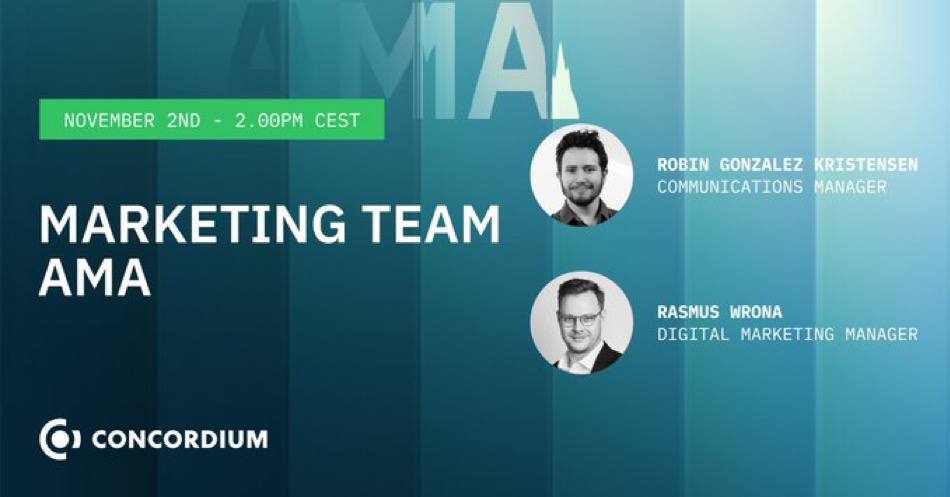 En solo media hora! 🚀

AMA con el EQUIPO DE MARKETING 

📆 Nuestro emocionante AMA del equipo de marketing se celebra hoy. 

Prepara tus preguntas para Robin González Kristensen y Rasmus Wrona, ¡será una sesión muy interesante! 🔥

📍Únete a nosotros en 
concordium.com/live