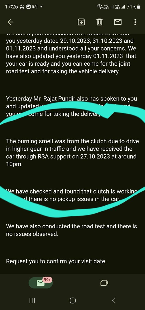 trilochan161996's tweet photo. Day-6 #tata company walo se reply ayya. Jo Insaan 8 saal se driving krra hai usko car chalane atta hai. Higher gears ka matlb kya traffic me 6 gear me car tha. @TataCompanies smoke q nikla uska koi zikar nahi. 
Aur company wale baar baar bol re car le jaye. 
Car is OK
#India https://t.co/BXIB65v0fA