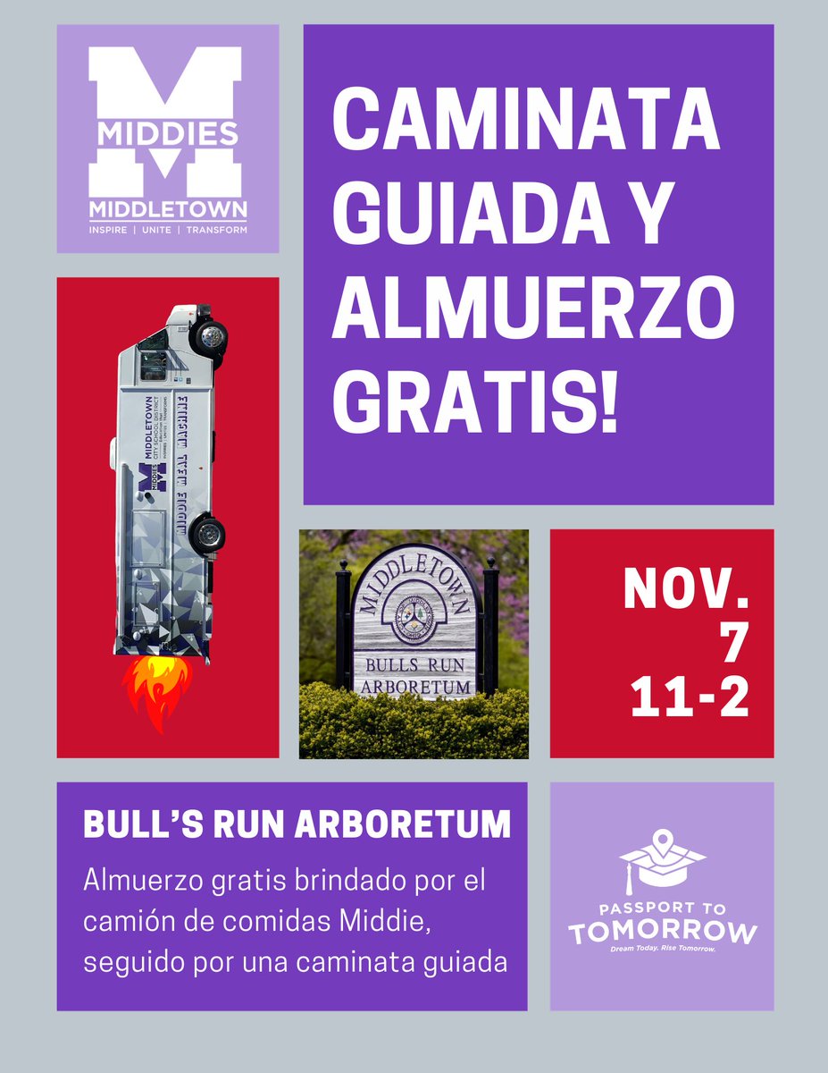 🌳 Don't forget to stop at Bull's Run Nature Sanctuary and Arboretum during our Personalized Learning Day for lunch from the Middie Meal Machine followed by a guided hike! #MiddieRising