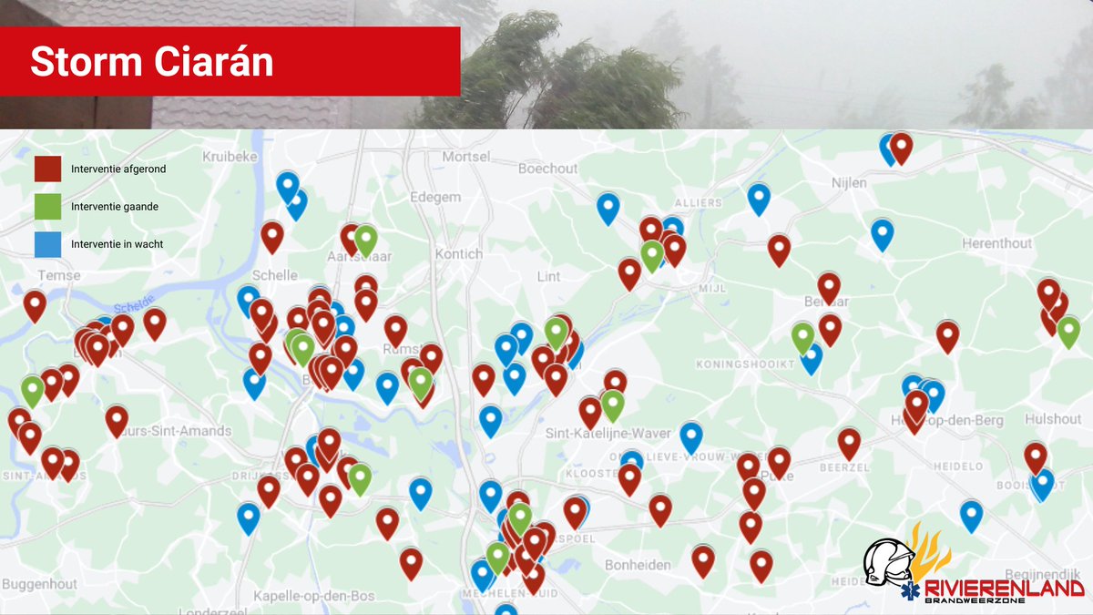 [STORM: update] Storm Ciarán zorgde binnen onze zone intussen voor meer dan 160 oproepen, waarvan we er een 100-tal hebben afgewerkt. Onze ploegen zijn hard aan het werk om iedereen zo snel mogelijk te helpen.  rivierenland.hulpverleningszone.be/.../stormschade
#StormCiaran #storm