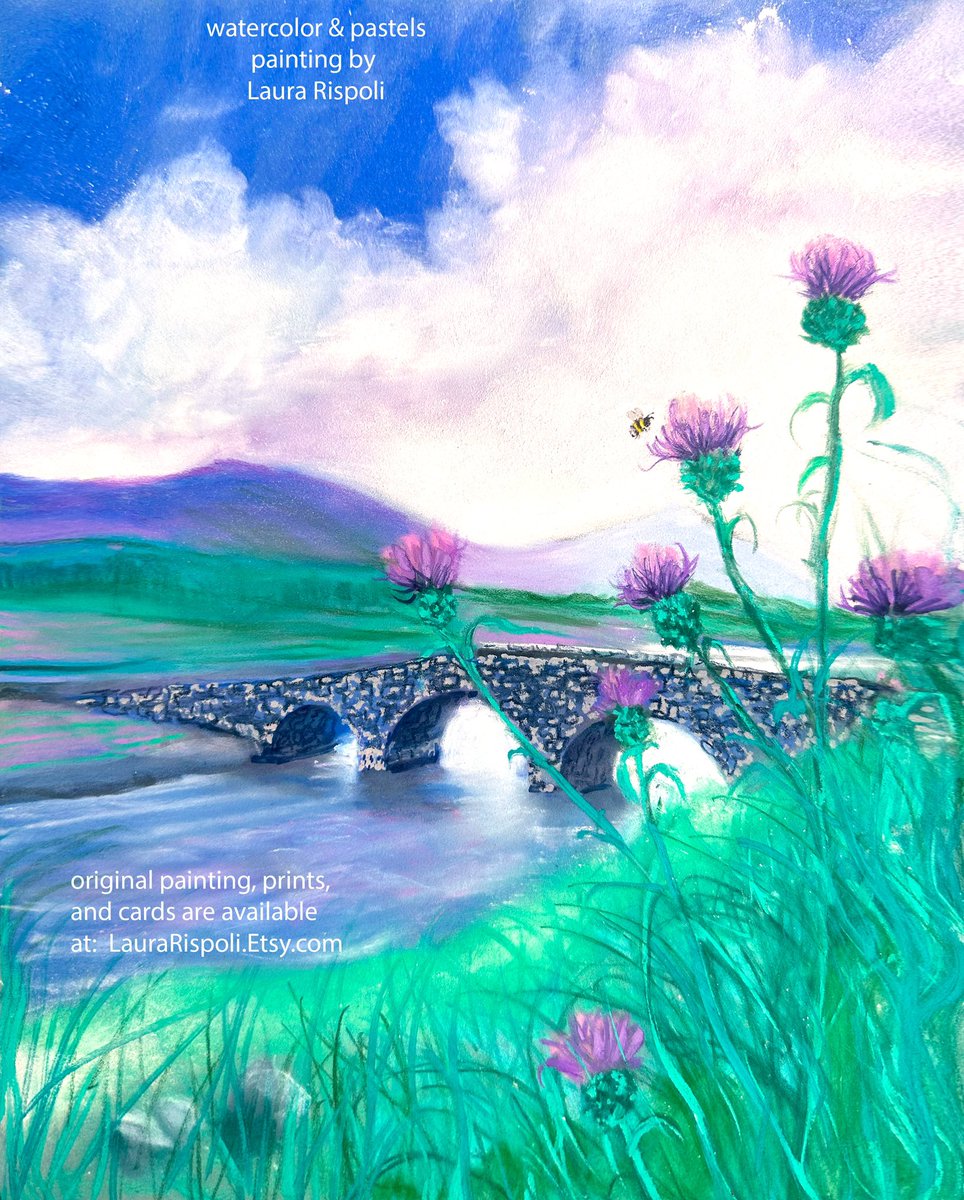 LauraRispoliArt's tweet photo. Please repost🙏my newest painting🙏thank you! This is watercolor &amp; pastels on 9x12 inch paper. Thank you @Writer_DG I’m Inspired by #Outlander #IsleofSkye #Scotland #thistles #Bees the original &amp; prints &amp; cards are at: https://t.co/eQrHm8bPJg thank you for sharing &amp; commenting💛 https://t.co/KnRf54lSjH