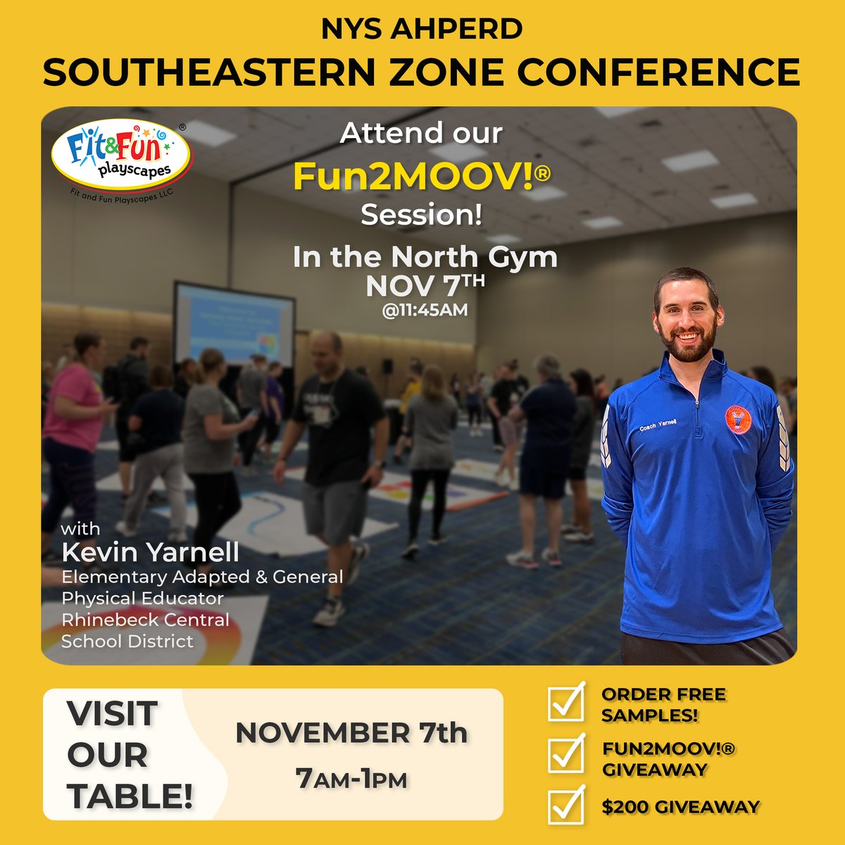 Meet the team at the NYS Association for Health, <a href="/SEZnysahperd/">Southeastern Zone</a> Election Day Conference on 11/07/23. Attend our Fun2Moov!® session with Kevin Yarnell! 
 #SEZproud