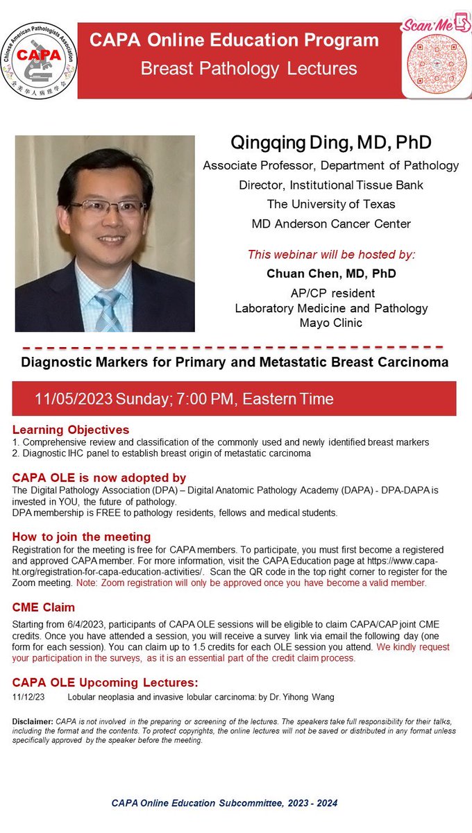 Save the date! This Sunday (11/5) at 7PM ET, we welcome Dr. Ding <a href="/QQingDing/">Qing Ding, MD/PHD</a> from <a href="/MDAndersonNews/">MD Anderson Cancer Center</a>, who will discuss the Diagnostic Markers for Primary and Metastatic Breast Carcinoma as part of our #BreastPath Lectures. Host: Dr. Chen <a href="/DrChuanChen/">Chuan Chen, MD PhD</a> More info below. #PathTwitter