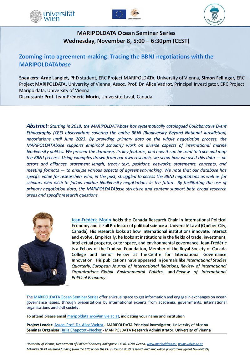 MARIPOLDATA (@maripoldata) on Twitter photo Join us at our <a href="/maripoldata/">MARIPOLDATA</a> ocean seminar next week!
We will present our #BBNJ #MARIPOLDATAbase to the public!
When: Wednesday 8.11. 5-6:30pm
Where: online
Presentation: @AliceVadrot @ArneLa_10 Simon Fellinger
Discussion: <a href="/JFredericMorin/">Jean-Frédéric Morin</a>
👉 maripoldata.eu/newsevents/#to… Join us at our <a href="/maripoldata/">MARIPOLDATA</a> ocean seminar next week!
We will present our #BBNJ #MARIPOLDATAbase to the public!
When: Wednesday 8.11. 5-6:30pm
Where: online
Presentation: @AliceVadrot @ArneLa_10 Simon Fellinger
Discussion: <a href="/JFredericMorin/">Jean-Frédéric Morin</a>
👉 maripoldata.eu/newsevents/#to…
