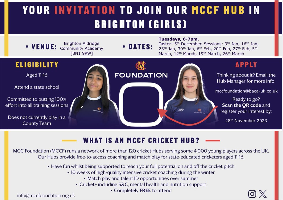 Applications for the Brighton MCCF Hub are now open! 

State educated cricketers, 11-16yrs, male and female, get involved! 

app.upshot.org.uk/signup/ba7c785…