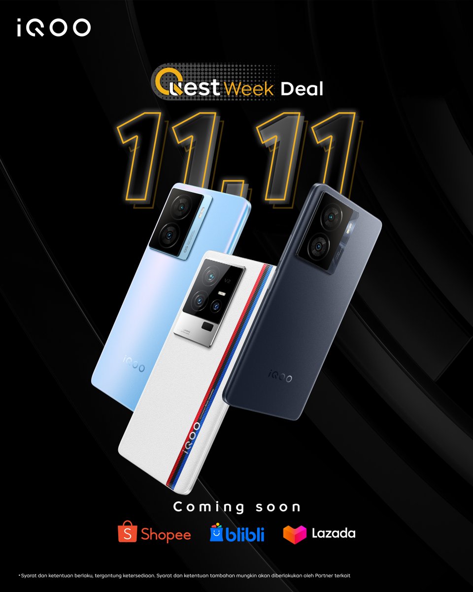 iqoo_id's tweet photo. Siap siap! Penawaran lebih menarik dari #iQOO akan datang di ecommerce favoritmu mulai 11.11 nanti, Jangan sampai pesan ini berhenti di kamu! Nantikan informasi lengkap seputar Quest Week Deal segera!
#QuestWeek https://t.co/Md8jBWjDqB