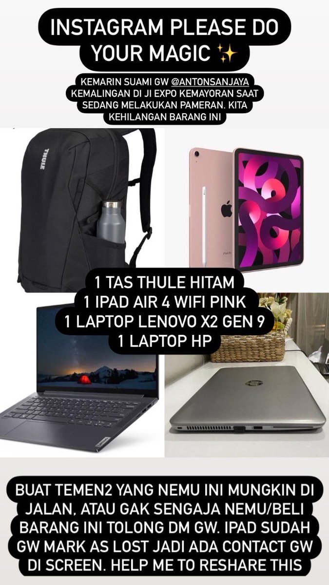 Need help, my husband’s bag has been stolen yesterday. If anyone find this stuffs, please reach me out via DM. 

#viralindo #bantu #ipad #thule #laptop #baranghilang #dicari
