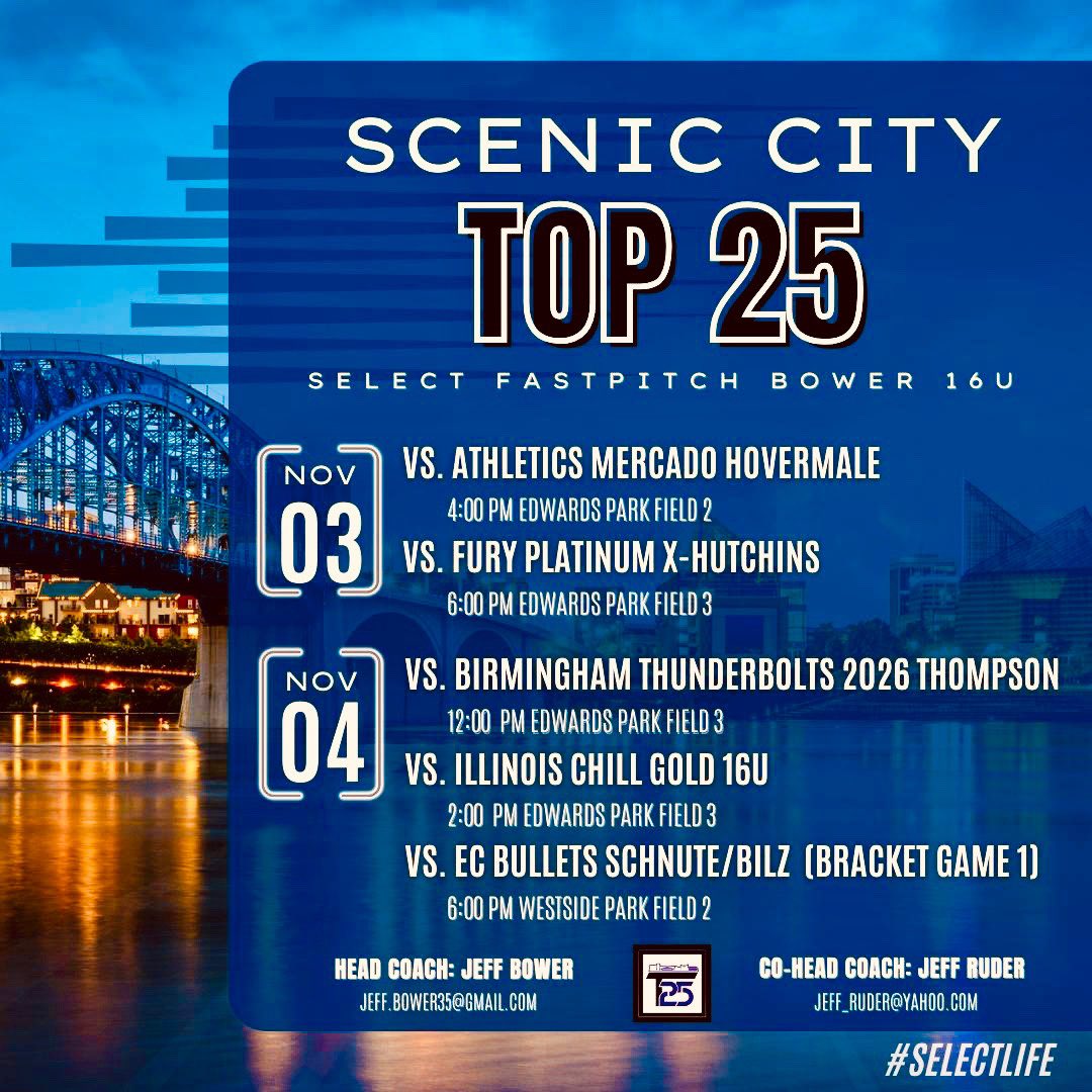 Heading down to Scenic City this weekend. Excited for some great competition!!

@BIG_J_Select <a href="/JeffBower35/">Jeff Bower</a> <a href="/monicaabbott/">Monica Abbott OLY</a> <a href="/ejonesrockchalk/">Eric Jones - Select Fastpitch</a> <a href="/08_select/">Select Fastpitch 15’s Bower</a>