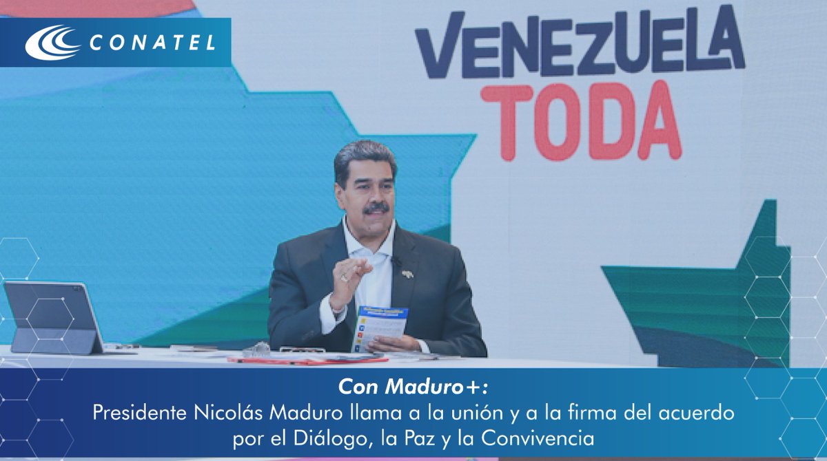 Conatel's tweet photo. Con Maduro+: Presidente Nicolás Maduro llama a la unión y a la firma del acuerdo por el Diálogo, la Paz y la Convivencia 👉 https://t.co/9YI9OXaETg

#2Nov 
#ElEsequiboEs5VecesSÍ https://t.co/HcIANfnX9Z