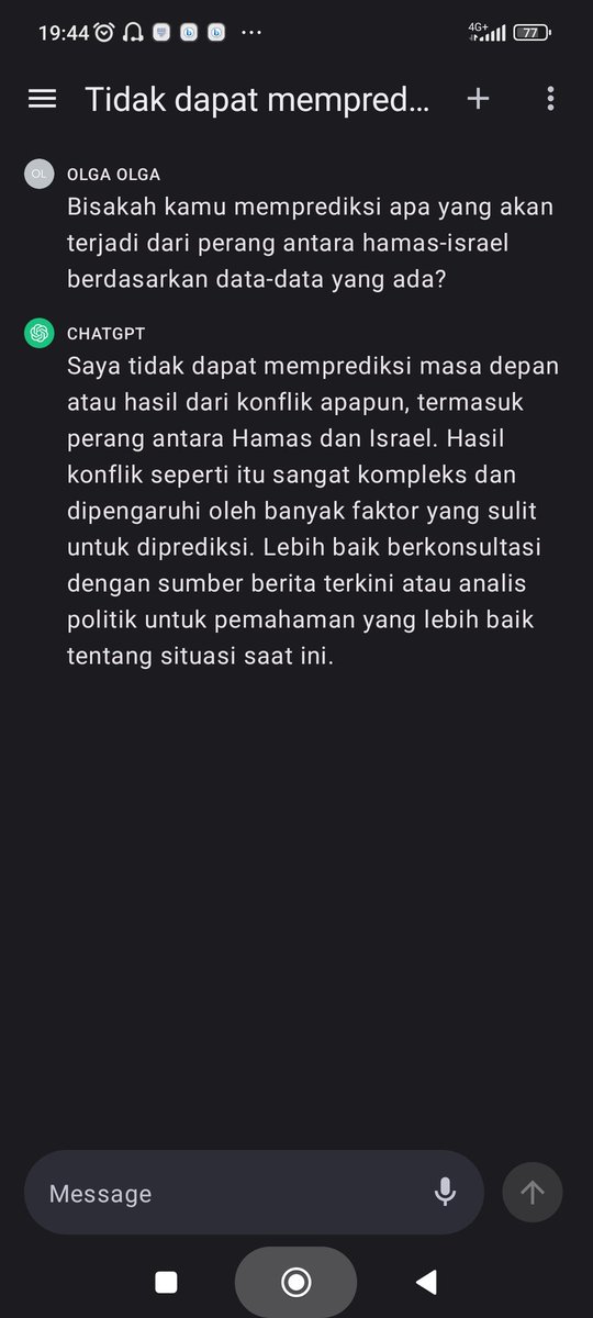 _SimpleWish_'s tweet photo. Prediksi AI tentang apa yang akan terjadi antara Hamh4s dan Ishrahel.

Nanya ke 2 AI, ChatGPT dan Bing.

Bisa prediksi apa yang akan terjadi dari perang antara H dan I berdasarkan data2 yang ada gak?

ChatGPT: Gak bisa. 

Mgk krn isu sensitif.

Sdgkan jwbn dr Bing: Bisa! https://t.co/Lr4HQ2oVGw