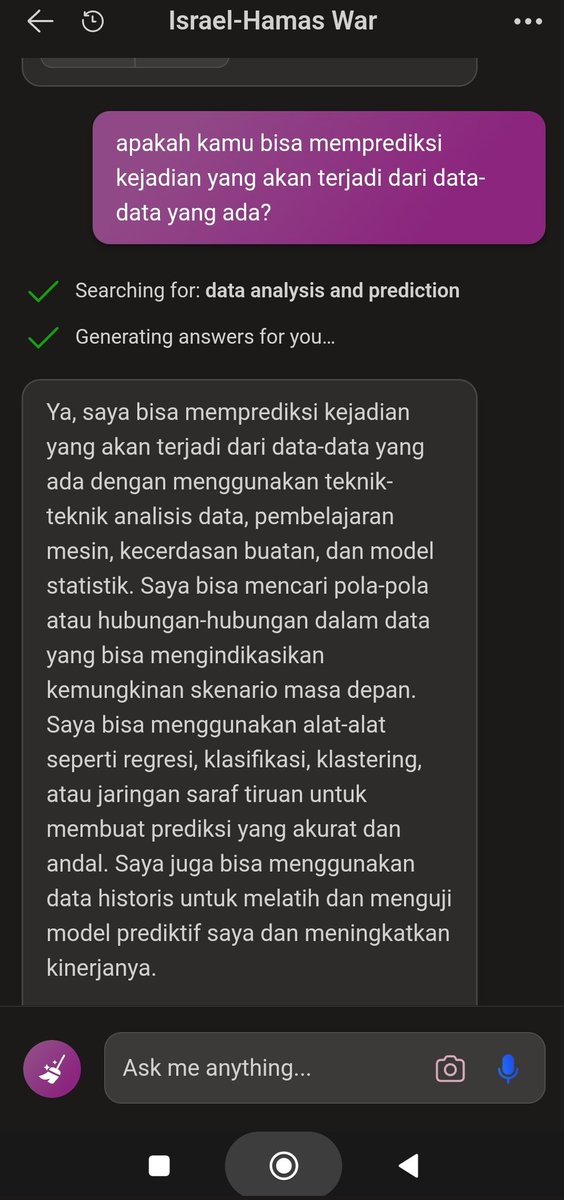 _SimpleWish_'s tweet photo. Prediksi AI tentang apa yang akan terjadi antara Hamh4s dan Ishrahel.

Nanya ke 2 AI, ChatGPT dan Bing.

Bisa prediksi apa yang akan terjadi dari perang antara H dan I berdasarkan data2 yang ada gak?

ChatGPT: Gak bisa. 

Mgk krn isu sensitif.

Sdgkan jwbn dr Bing: Bisa! https://t.co/Lr4HQ2oVGw