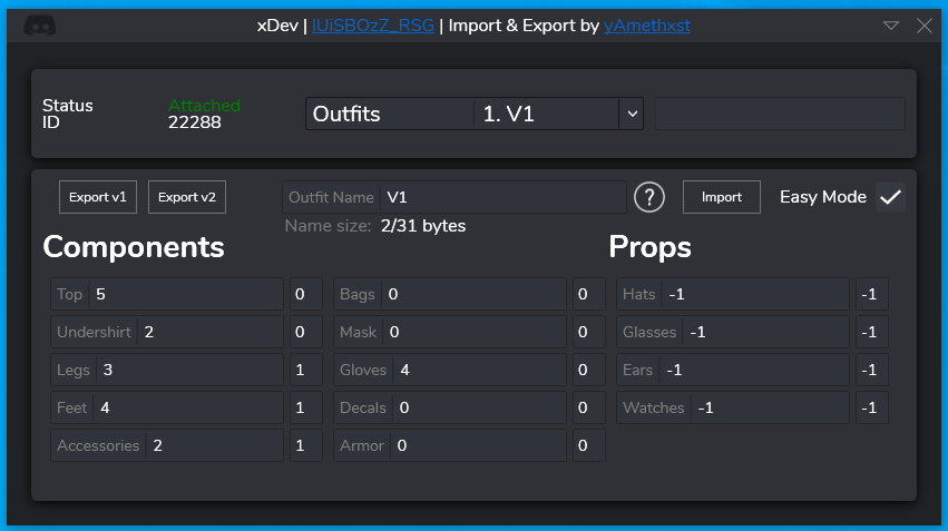 🔥 xDev w/Import &amp; Export 🔥

Quick changelog:
- Added Export options (2 versions)
- Added Import option
- Added name bytes check

This version is 1/1 with xDev's OG available on his discord, I just added some extra options

Some notes:
1. Currently I cannot provide a shareable