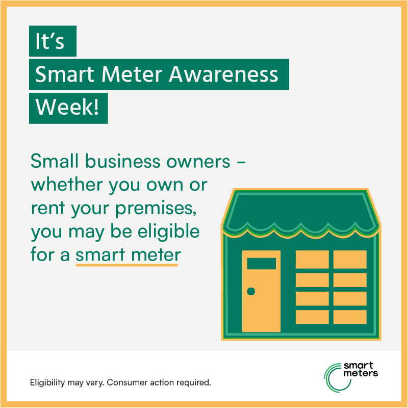 SmartEnergyGB's tweet photo. 📣 Calling all small business owners, it's #SmartMeterAwarenessWeek! If you rent your premises, you could get a smart meter.

It sends automatic meter readings to your energy supplier which helps them provide accurate bills.

Find out more here ⬇️