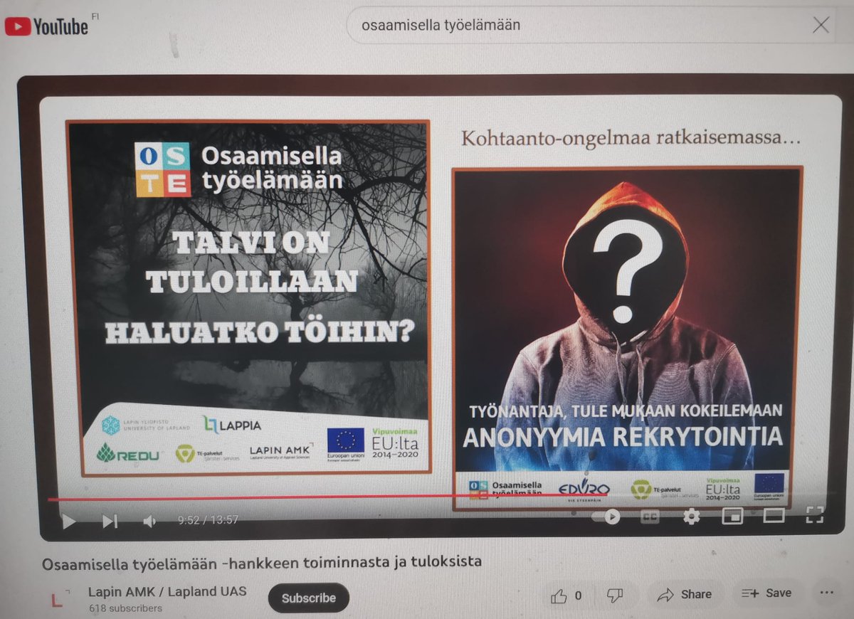 Osaamisella työelämään-hanke on päättynyt. 

Lyhyellä YouTube-videolla tiivistetään hankkeen toimintaa ja tuloksia.

Myöhemmin julkaistavalla loppuraportilla tuloksia kuvataan tarkemmin.

<a href="/LapinAMK/">Lapin AMK - Lapland UAS</a> <a href="/ulapland/">University of Lapland</a>
<a href="/aolappia/">Ammattiopisto Lappia</a> <a href="/redukoulutus/">Lapin koulutuskeskus REDU</a>
#JatkuvaOppiminen 
⬇️
youtu.be/AFtYKTEL-RU?fe…