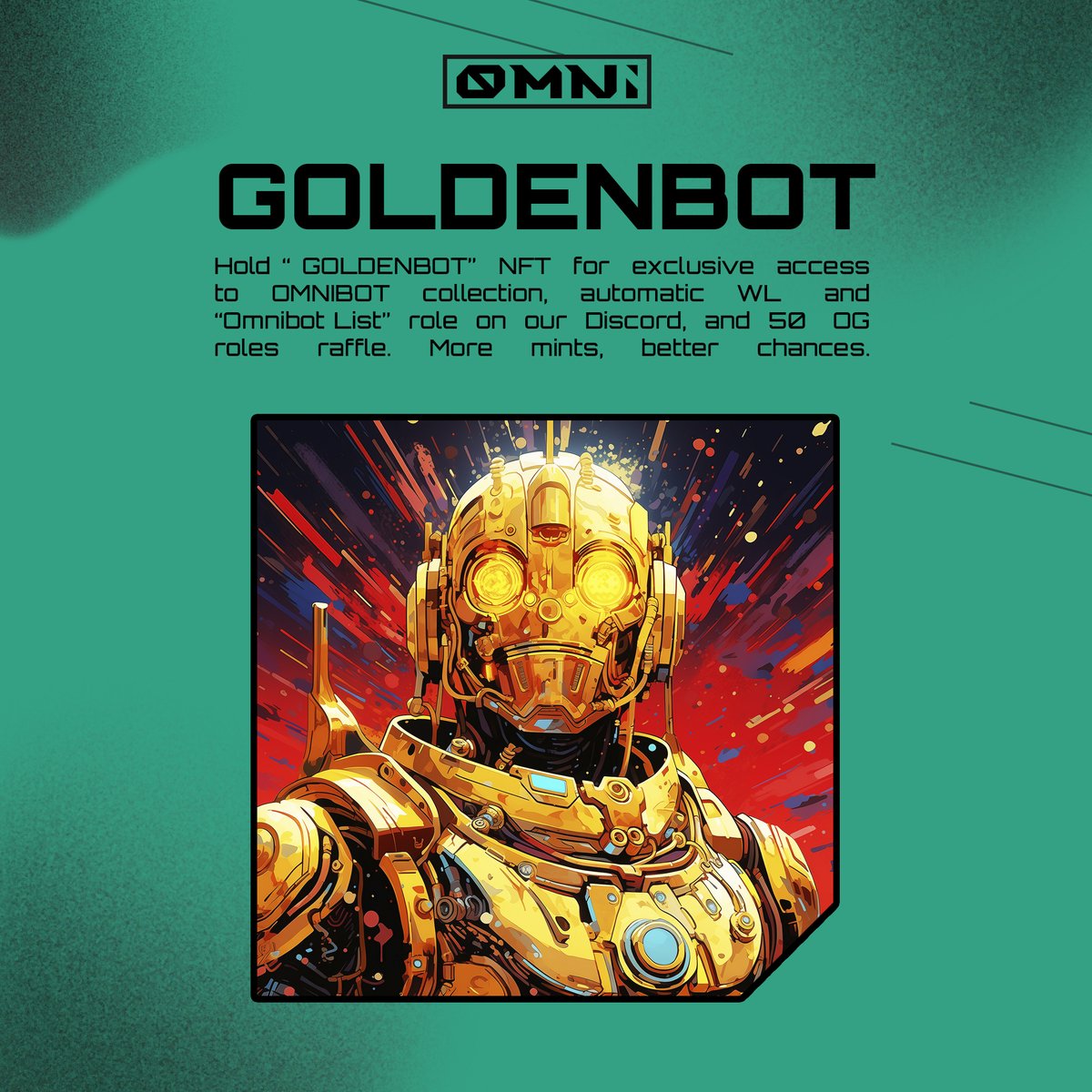 Omni_Hub's tweet image. 🌐 Hey dear OmniHub community! We're thrilled to introduce the "GOLDENBOT" series on @Galxe :

galxe.com/omnihub/campai…

🎁 Hold “GOLDENBOT” NFT for exclusive access to OMNIBOT collection, automatic WL and “Omnibot List” role on our Discord, and 50 OG roles raffle. More mints,…