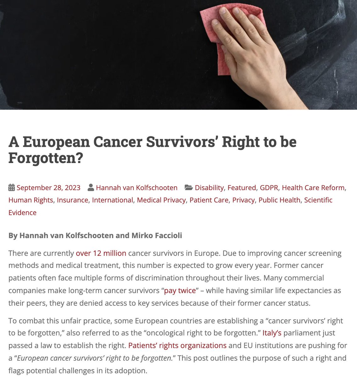 Cancer survivors face discrimination long after being cured. During my research stay @UniVerona, we wrote about the 'EU cancer survivors' right to be forgotten' or the 'oncological right to be forgotten'. See👉 Bill of Health @PetrieFlom: blog.petrieflom.law.harvard.edu/2023/09/28/a-e… @mirkofaccioli77
