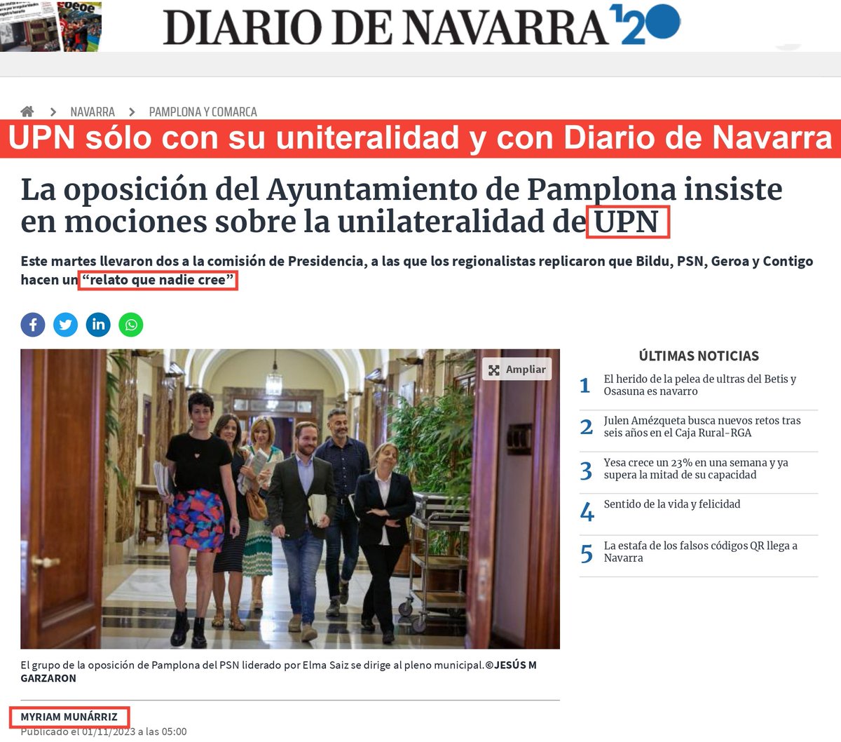La portavoz de UPN en Diario de Navarra  @MyriamMunrriz, realiza una defensa a ultranza de la unilateralidad de su partido. . . . #diablodenavarra #navarra #nafarroa #lecturacritica #irakurketakritikoa