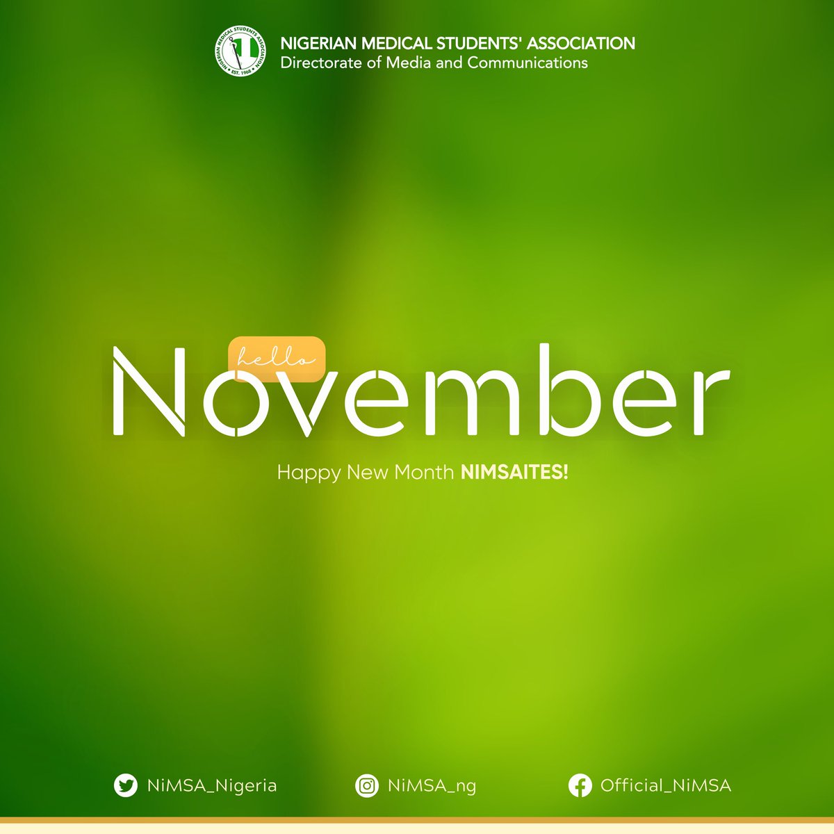 NiMSA_Nigeria's tweet photo. Welcome to the month of November.
Wishing you an awesome experience.
#Health #november #2023 #x #keepcelebrating https://t.co/fyjKE1rEVc