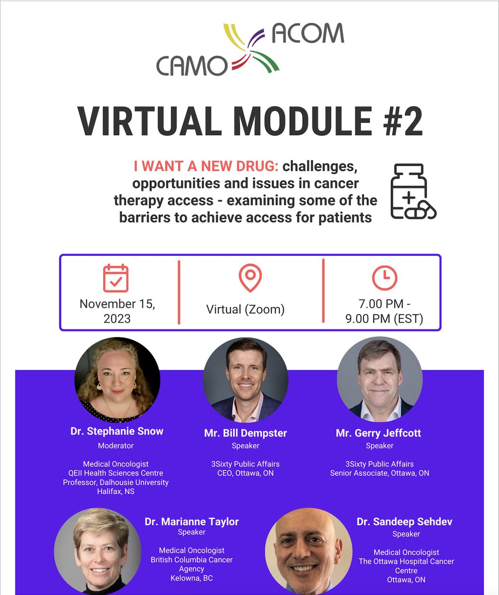 🚨Registration now open for Module#2 of a 3-part <a href="/CAMO_ACOM/">Canadian Association of Medical Oncologists</a> series on #Cancer #drugs #funding in 🇨🇦
🗓️Nov 15 #Virtual 7pmEST
Register➡️camo-acom.ca/event-5472021
<a href="/GillSharlene/">Sharlene Gill, MD, MPH, MBA, FASCO</a> <a href="/camoprez/">CAMOPREZ</a> <a href="/3SixtyPA/">3SixtyPublicAffairs</a>