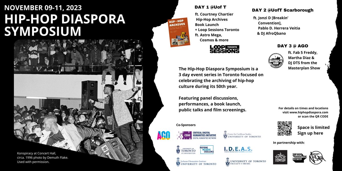 🎼 NOV 9-11 | The Hip-Hop Diaspora Symposium is just around the corner! This three-day, multicampus event celebrates the archiving of #hiphop culture during its 50th year. Learn more &amp; register at hiphopdiaspora.com.

• Day 1: St. George
• Day 2: UTSC
• Day 3: <a href="/agotoronto/">Art Gallery of Ontario</a>