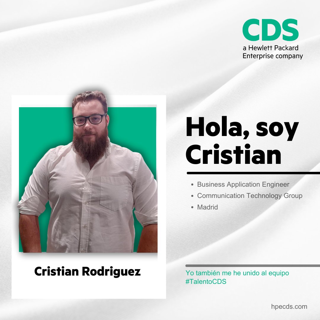 HPECDS_ES's tweet photo. ¡Empezamos noviembre con nuevas incorporaciones al #TalentoCDS!
Cristian se ha incorporado al área de CTG, como Business Applications Engineer. 💼
🚀 ¡Descubre tu oportunidad de formar parte del equipo de #HPECDS y no te pierdas nuestras vacantes! 👉 https://t.co/tAK92d4Emp 🌟 https://t.co/YITkL1dJEW
