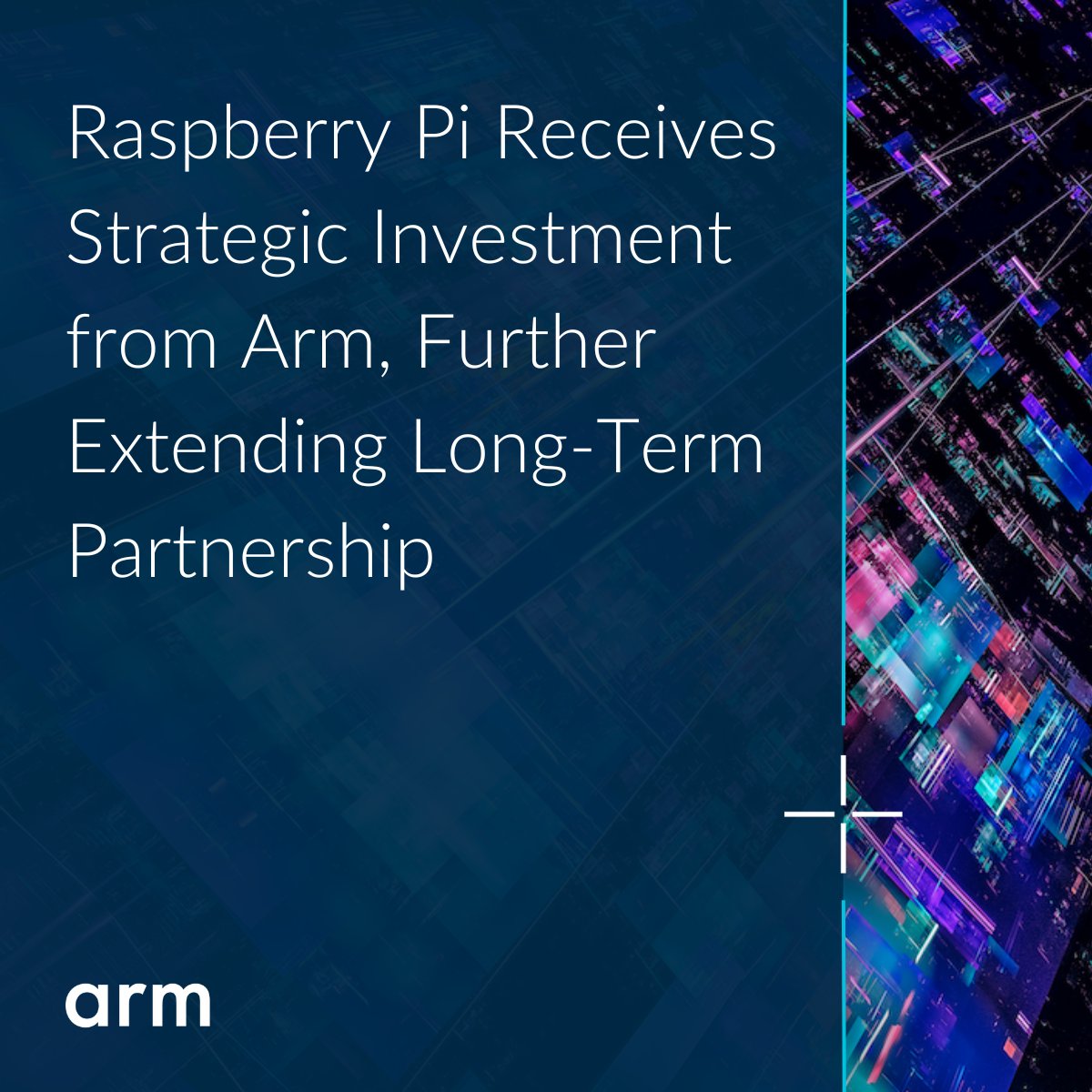 Arm's tweet photo. Arm 🤝 Raspberry Pi

We're thrilled to continue our longstanding partnership after acquiring a minority stake in Raspberry Pi.

Together we can continue to deliver performant solutions for IoT developers and make computing accessible for all: https://t.co/hNuIf58V7y https://t.co/tuszxddRQl