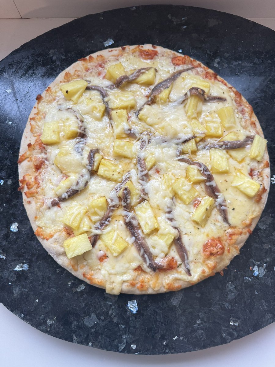 My breakfast this morning thanks to <a href="/elonmusk/">Elon Musk</a> and <a href="/joerogan/">Joe Rogan</a>.  Double pineapple and anchovies.  😂. That’s what I get for listening to the podcast before breakfast.