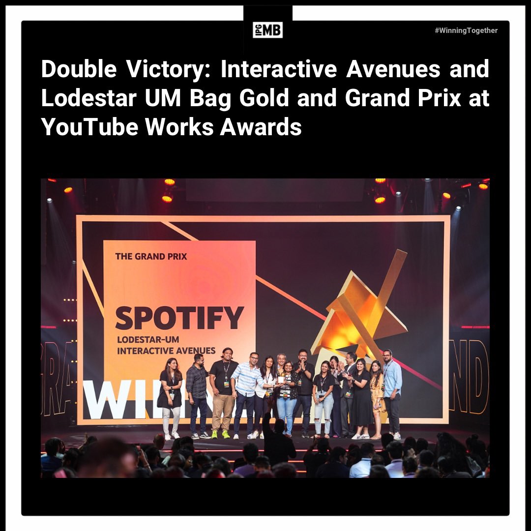 🏆#IPGMediabrands agencies Interactive Avenues & Lodestar UM clinched Gold and the Grand Prix at the @YouTube Works Awards 2023 for their stellar campaign 'Spotify and Cricket: A combo that won over all of India!' 🏏✨ Kudos to the brilliant teams for this phenomenal achievement!