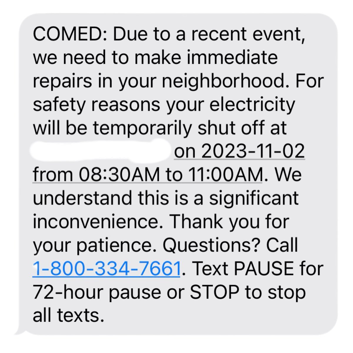 Hey #Palatine, anyone else just get this note from ComEd? Gonna be a fun morning for some residents.
