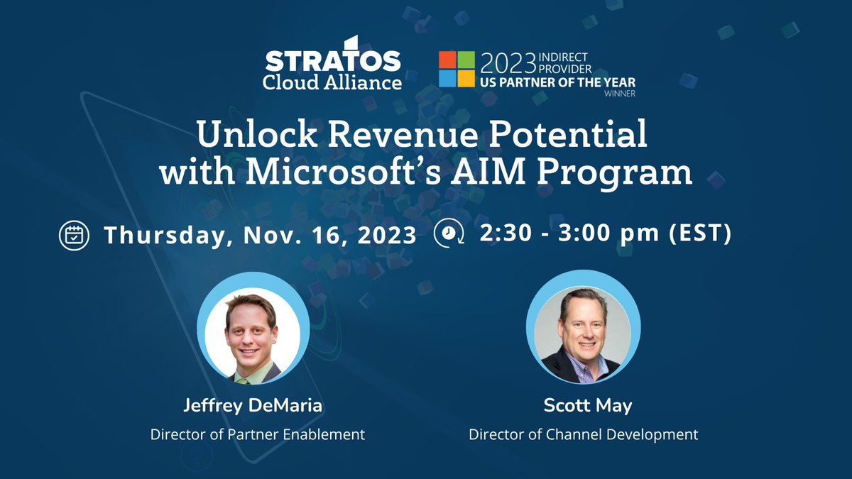 Join us on November 16 for a journey into #Microsoft AIM! 

Attend this webinar to learn how to accelerate your go-to-market strategy by migrating your on-premise #DynamicsGP, NAV, and SL Clients to #Dynamics365 Business Central. 

Register today: go.stratoscloud.com/unlock-revenue…