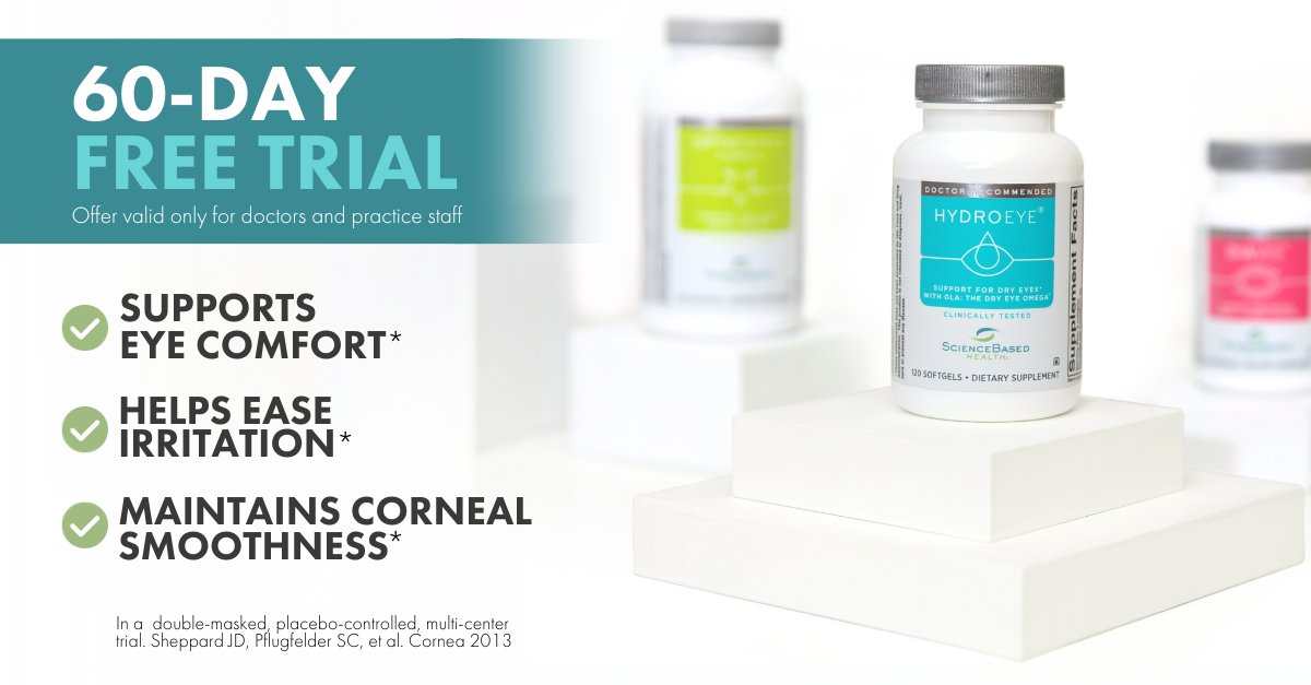 Formulated with GLA: the #DryEye Omega along with other nutrient co-factors, HydroEye® has been found to support eye comfort and promote ocular surface health. ​

Your 60-day free trial is waiting. Learn more at SBH.com/LinkedIn. ​

#ophthalmology #optometry