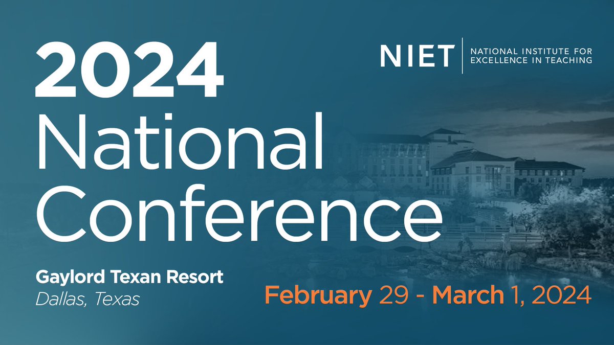 NIETteach's tweet photo. Registration is live! 🗓️ Join us for the 23rd annual NIET National Conference, Feb 29 - Mar 1, 2024, at the stunning Gaylord Texan Resort in Dallas, Texas. Prepare to unleash teacher leadership through inspiring sessions and discussions: https://t.co/mA8FVi8hPW https://t.co/KUkmnnZ3aZ