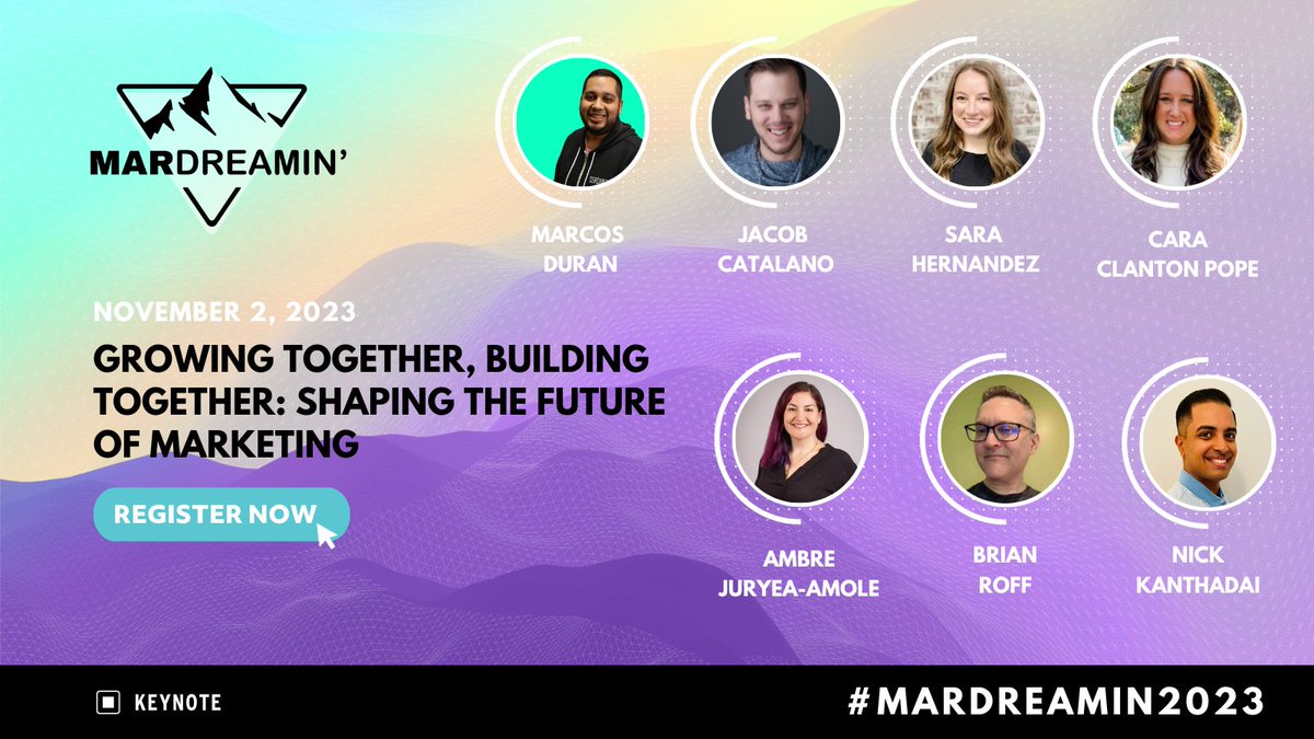 MarDreamin's tweet photo. ⏰ We are 1 hour away from today's MarDreamin morning ☕ keynote, Growing Together, Building Together: Shaping The Future of Marketing!

Join @iammarcosduran, @jcatalano_dfw, Sara Hernandez, Cara Clanton Pope, @AmbreAmole, @BMRideas, and @srinikethk!

https://t.co/E9UcixvbU3 https://t.co/q5mVbxTQLl