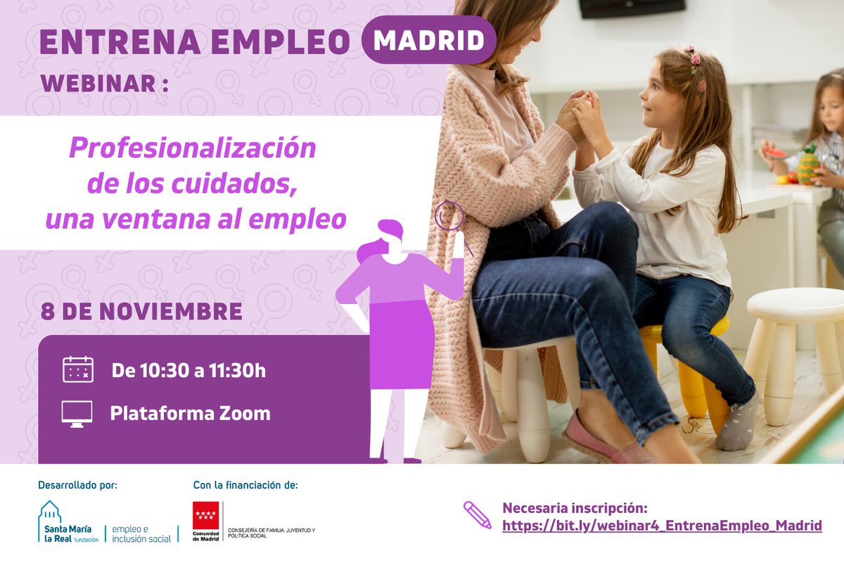 📍 #AnotaEnAgenda 📍 El 8⃣ de #noviembre te esperamos en el #ÚltimoWebinar de #EntrenaEmpleoMadrid. 🙋‍♀️ Hablaremos sobre "Profesionalización de los #cuidados, una ventana al empleo"  💼
🕥 De 10:30 a 11:30 horas por #Zoom 📲
📝 #Inscripción previa: bit.ly/webinar4_Entre…