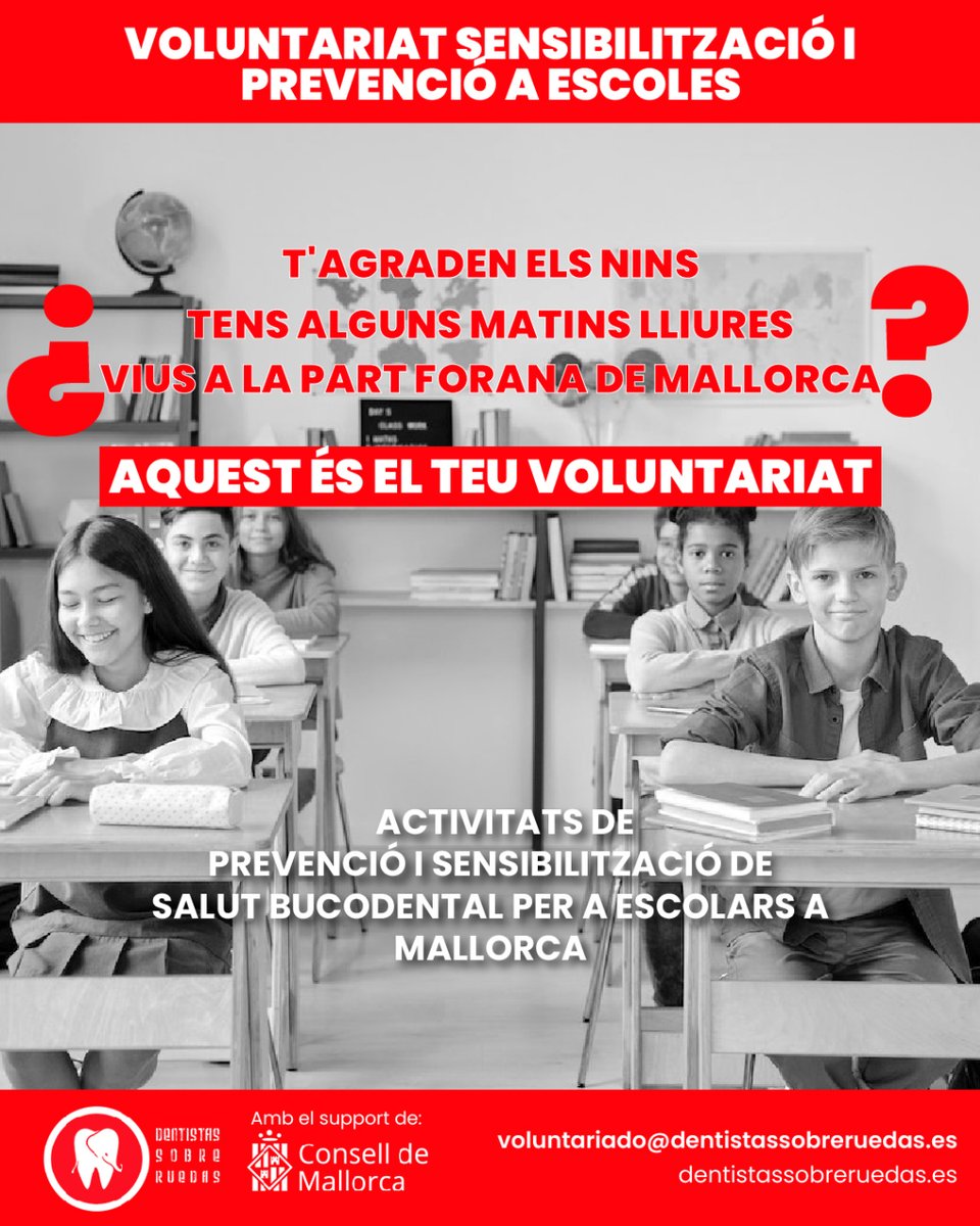 ‼️ Cercam persones per a participar en les nostres activitats de prevenció i sensibilització de salut bucodental per a escolars a Mallorca

Uneix-te al voluntariat a Mallorca 👉 voluntariado@dentistassobreruedas.es

Amb el suport del <a href="/ConselldeMca/">Consell de Mallorca</a>

#DSR #Educacion #Voluntariado