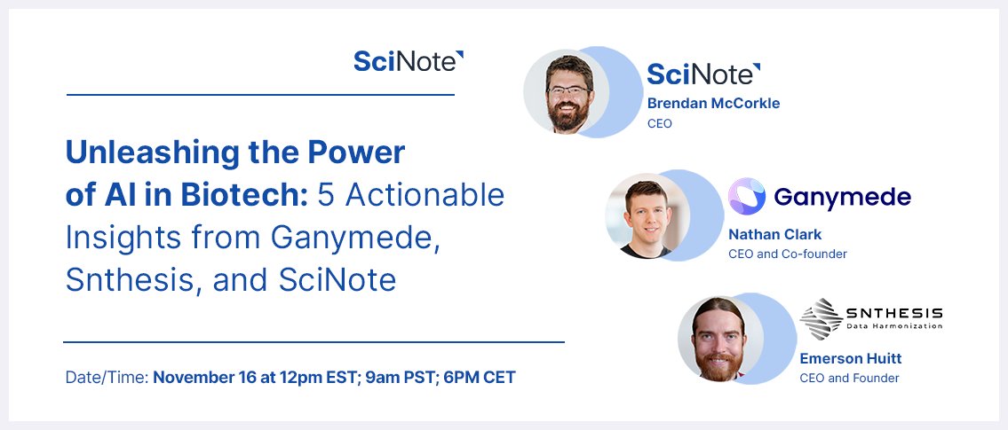 Tune in to the "Unleashing the Power of #AI in #Biotech" #webinar on November 16th for insights on AI data management from <a href="/GanymedeBio/">Ganymede Bio</a> CEO Nathan Clark, @SnthesisAI CEO Emerson Huitt, and our very own, Brendan McCorkle. Reserve your seat today: hubs.li/Q027xpy80