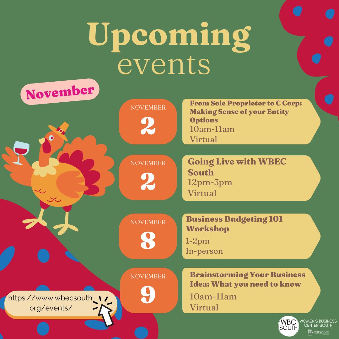 wbcsouth's tweet photo. It's time to start planning for November, and you don't want to miss out on all of our upcoming events! 🎉

From networking opportunities to workshops and live talks from industry experts, we have something for everyone. 🤓 https://t.co/KGF6VPn3F0