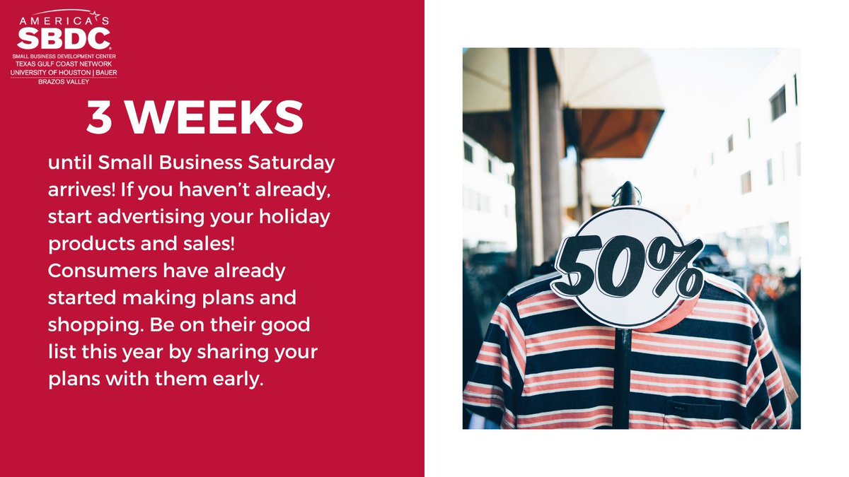 BV_SBDC's tweet photo. Only 3 weeks left until #SmallBusinessSaturday!

As shoppers are gearing up for the season, make sure you're on their radar. Promote your fantastic holiday sales and specials now! Don't miss out on the opportunity to be their go-to choice. 

#ShopLocal #SupportSmallBusinesses https://t.co/SkSGxPP0KP