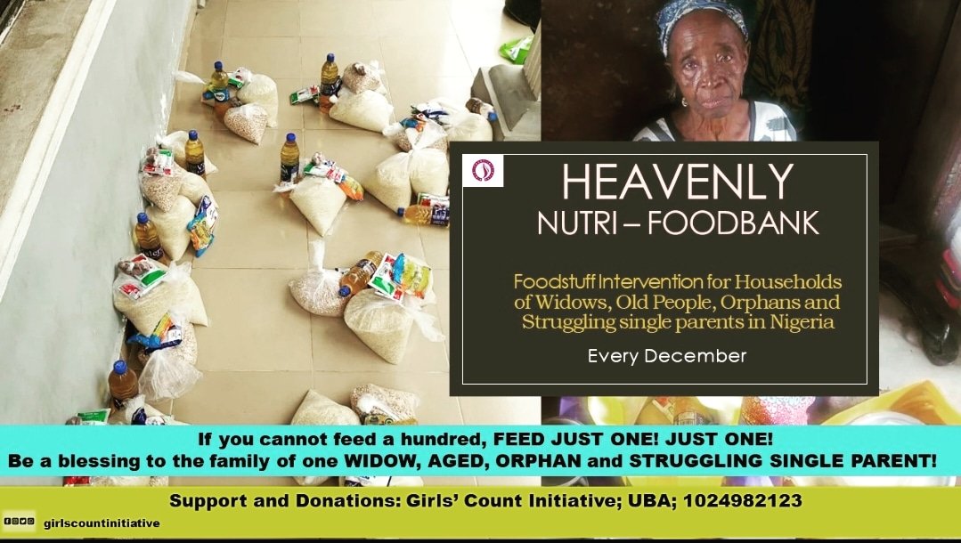 As we prepare for our December NutriFood bank to reach widows, orphans, and old people this December in Oyo and Kwara States in Nigeria For support and donations Girls Count Initiative UBA Account number 1024982123 (Naira account) 3003627852 (USD account)