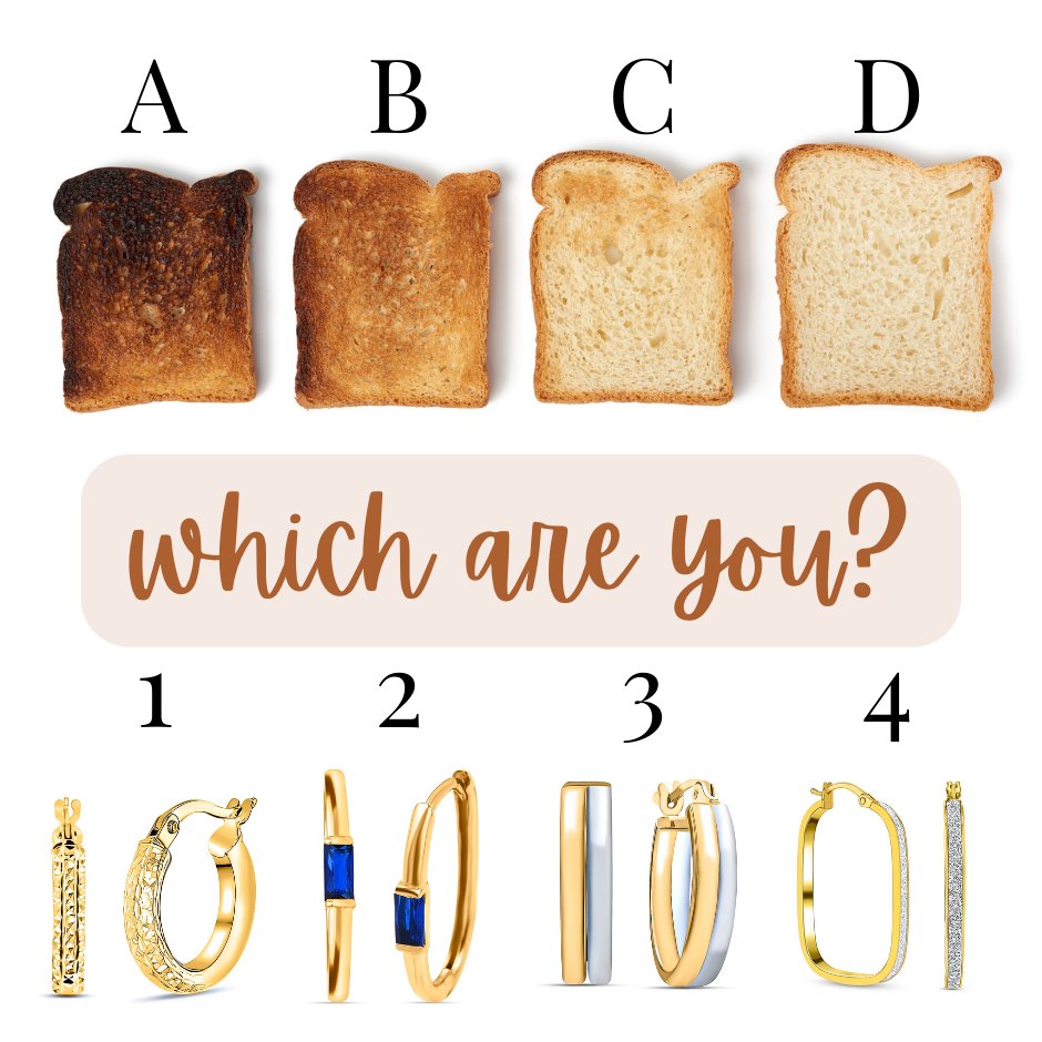 Crispy toast or golden brown? Match your vibe with the perfect pair of earrings! 🍞💎 'A with 1' or 'D with 4', what's your combo? Reply with your pick! 😍 #ToastAndGems #MixAndMatch #ShineBrightLikeAToast #EarringsOfTheDay #JewelryLovers #FashionAccessories #JewelryAddict