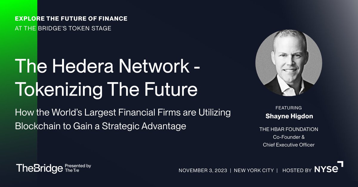 Tomorrow, <a href="/ShayneHigdon/">Shayne Higdon</a> joins <a href="/TheTieIO/">The Tie</a> hosted by <a href="/NYSE/">NYSE 🏛</a> to discuss institutional #RWA tokenization and stablecoins on the @Hedera network with some of the world's largest financial firms like <a href="/abrdn_plc/">Spt_5.</a>, Shinhan Bank, <a href="/SBGroup/">Standard Bank Group</a>, Cathay Bank, and <a href="/FISGlobal/">FIS</a> 🏦