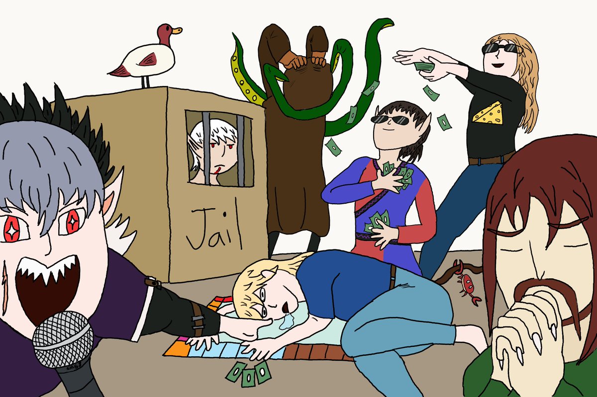 Khaltzane_C's tweet photo. Took me two and a half weeks thanks to being sick for a week but the colour is finally done. 
Got Nend, MaiCrimsonJeans, Count Ravenwolf, Kabuki, Opalin, Cheesus, HexadecimalMaugin the Duck, and Dink the Crab
(forgot the cheese on the shirt first time so had to reupload, sorry) https://t.co/zSqW49YQBm