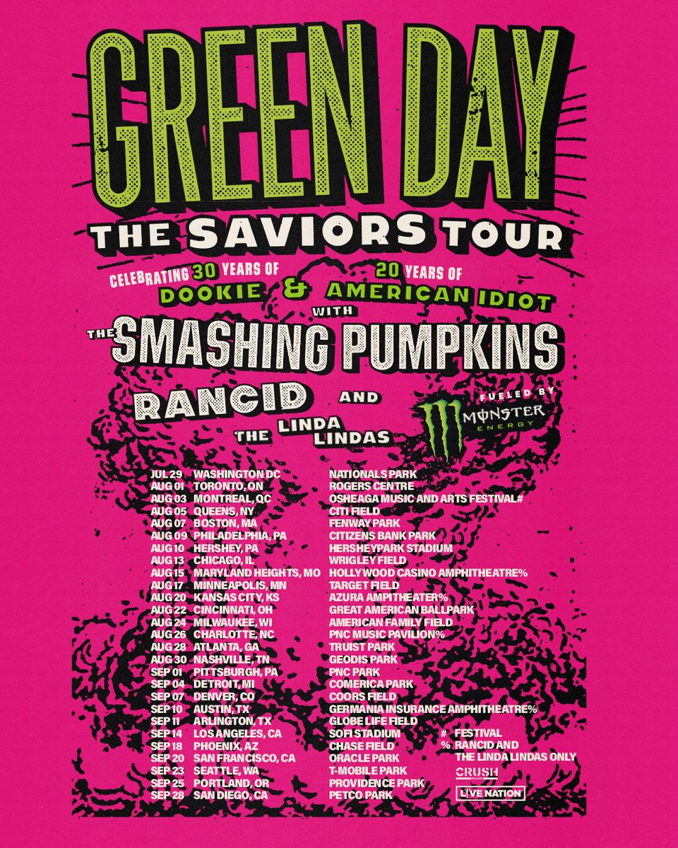 The Saviors Tour North America w/ @SmashingPumpkin, @Rancid & @TheLindaLindas Sign up to mailing list by 11/7 to get access to pre-sale tickets greenday.com/tour Code will be sent at 3pm PT on 11/7. Pre-sale starts 11/8 @ 10am local. General on sale 11/10 @ 10am local.