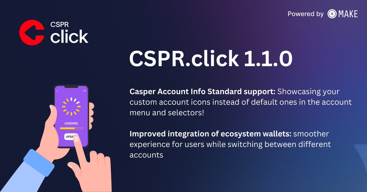 WeAreTeamMAKE's tweet photo. CSPR click v1.1.0 is live now!  

🎨 #Casper Account Info Standard support: Showcasing your custom account icons!

🤝 Enhanced integration of ecosystem wallets for smoother account switching

Integrate CSPR click with #Metamask support into your app:

➡️ https://t.co/mBGT5TZdTl https://t.co/Ab4GP91jnQ