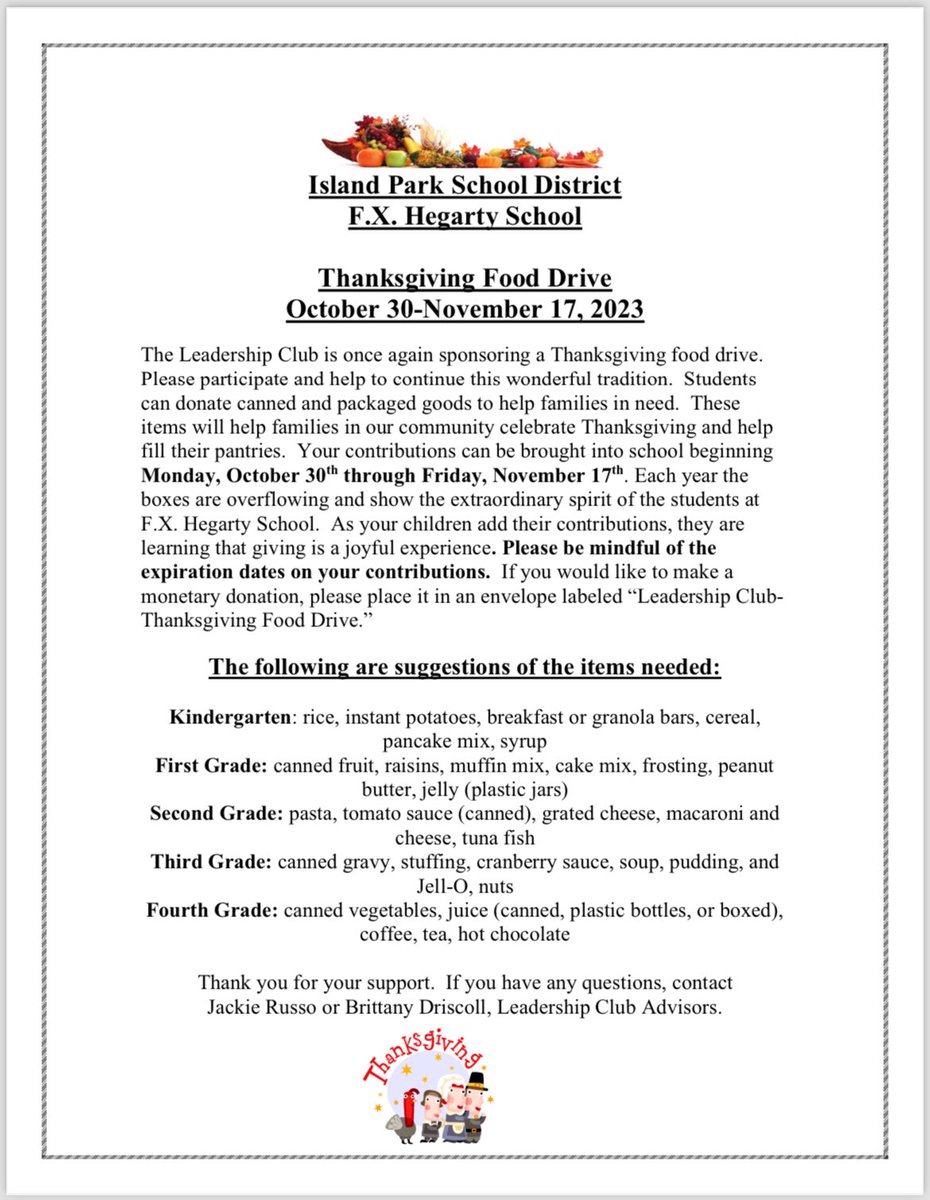 Our annual Thanksgiving Food Drive is officially underway! Please be sure to send in canned and packaged goods to help out families in need by November 17th! 🦃🍁🌾🌽 <a href="/FxhPrincipal/">FXH Principal</a> <a href="/ip_schools/">Island Park Schools</a>